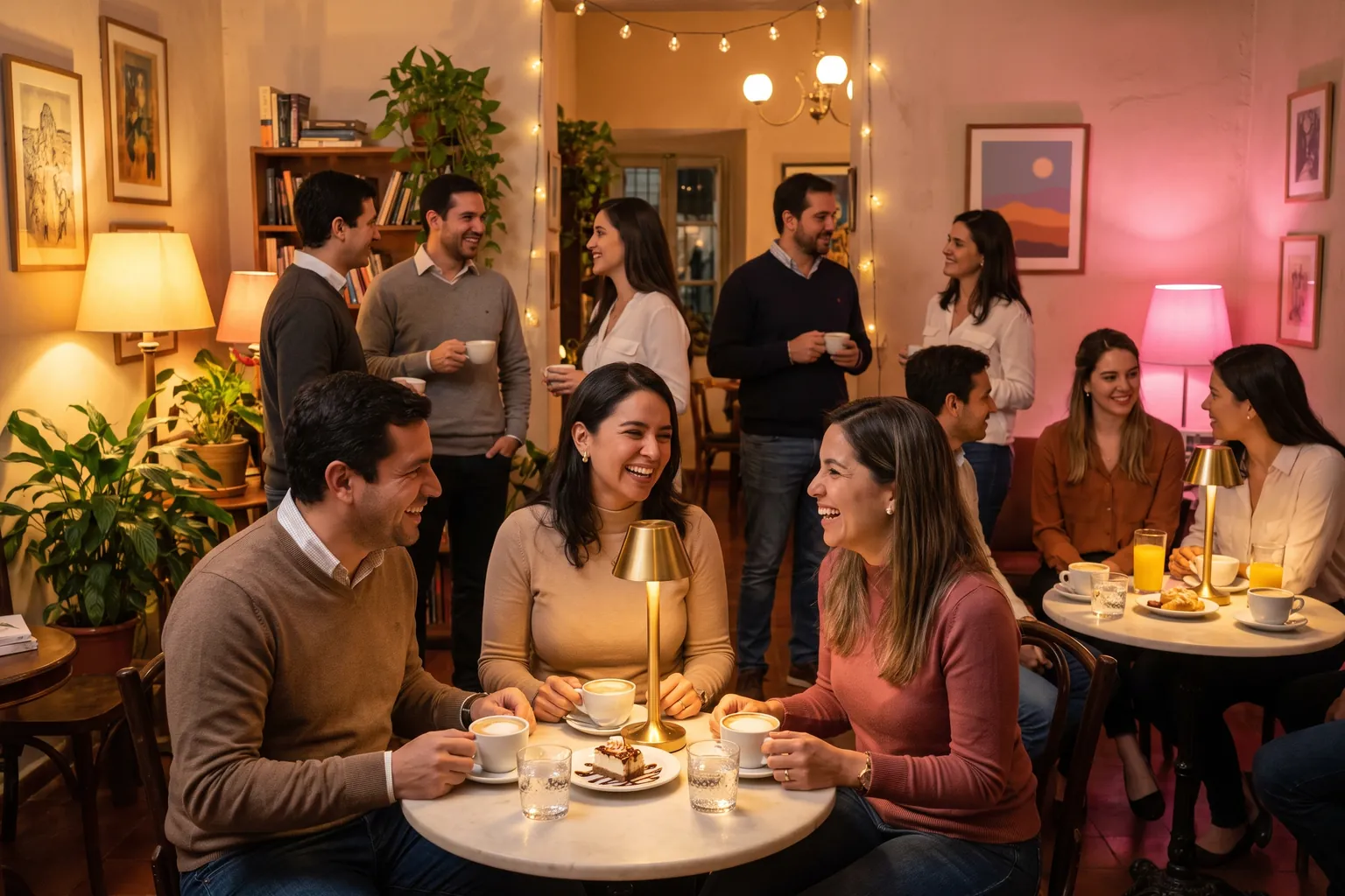 A lively gathering of new friends in a warmly lit café lounge